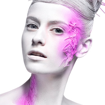 Art fashion girl with white skin and pink paint on the face