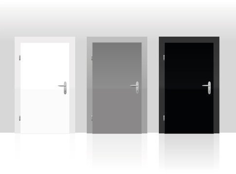 Three doors to choose - white, gray or black. Vector illustration.