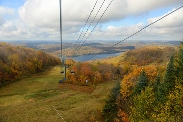 Lake Tremblant and Mont-Tremblant village in fall with fall foliage, from top of Mont Tremblant,...