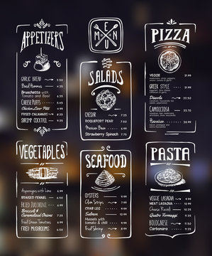 Menu template. White drawing on dark background. Appetizers, vegetables,salads, seafood, pizza, pasta.