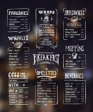 Breakfast menu. White drawing on dark background