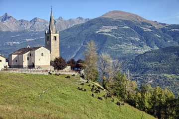 Old church in Saint-Nicolas, overlooking Aosta valley, Italy
