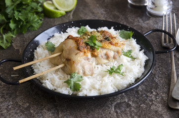 Chicken tikka curry skewers with rice