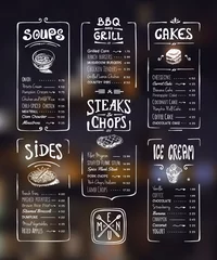 Fotobehang Menu template. White drawing on dark background. Soups, sides, bbq & grill, steaks & chops, cakes, ice cream © Oana Stoica