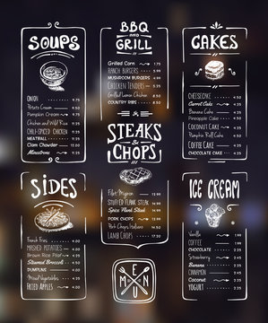 Menu template. White drawing on dark background. Soups, sides, bbq & grill, steaks & chops, cakes, ice cream