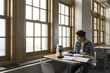 Young Hispanic woman studying near windows