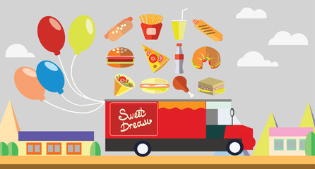 Red wagon fast food with baloons