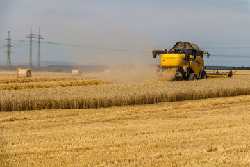 yellow combine harvester working in wheat field
