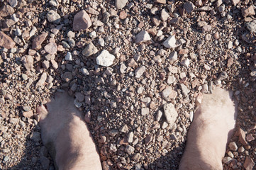 Male legs on pebble.