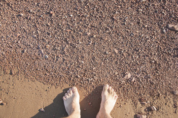 Male legs on pebble.