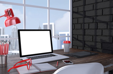 3D illustration laptopand work stuff on table near brick wall