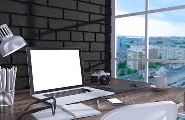 3D illustration laptopand work stuff on table near brick wall