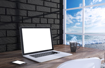 Fototapeta premium 3D illustration laptopand work stuff on table near brick wall
