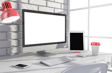 Fototapeta premium 3D illustration PC screen on table in office, Workspace