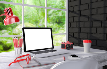 3D illustration laptopand work stuff on table near brick wall