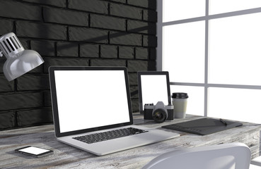 3D illustration laptopand work stuff on table near brick wall