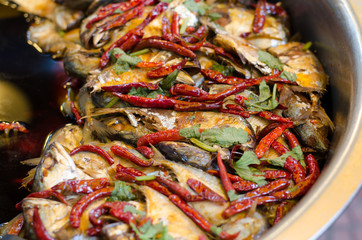 Mackerel boiled sweet at floating market, amphawa, Thailand