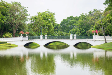 Fototapeta na wymiar Reflection of bridge in garden
