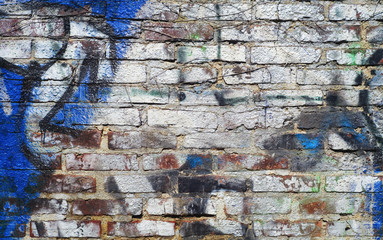 grungy brick wall background w. sprayed paint, free copy space