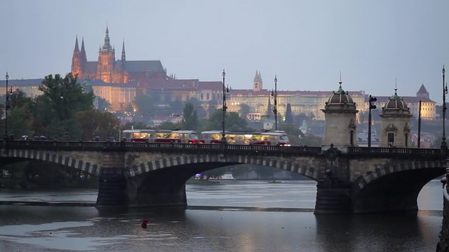 Tram passes over the bridge, in Prague, Czech Republic