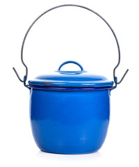 Metal blue enamelled saucepan, isolated on white background