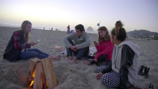 Teenagers use their cell phones while sitting by a fire on the beach 