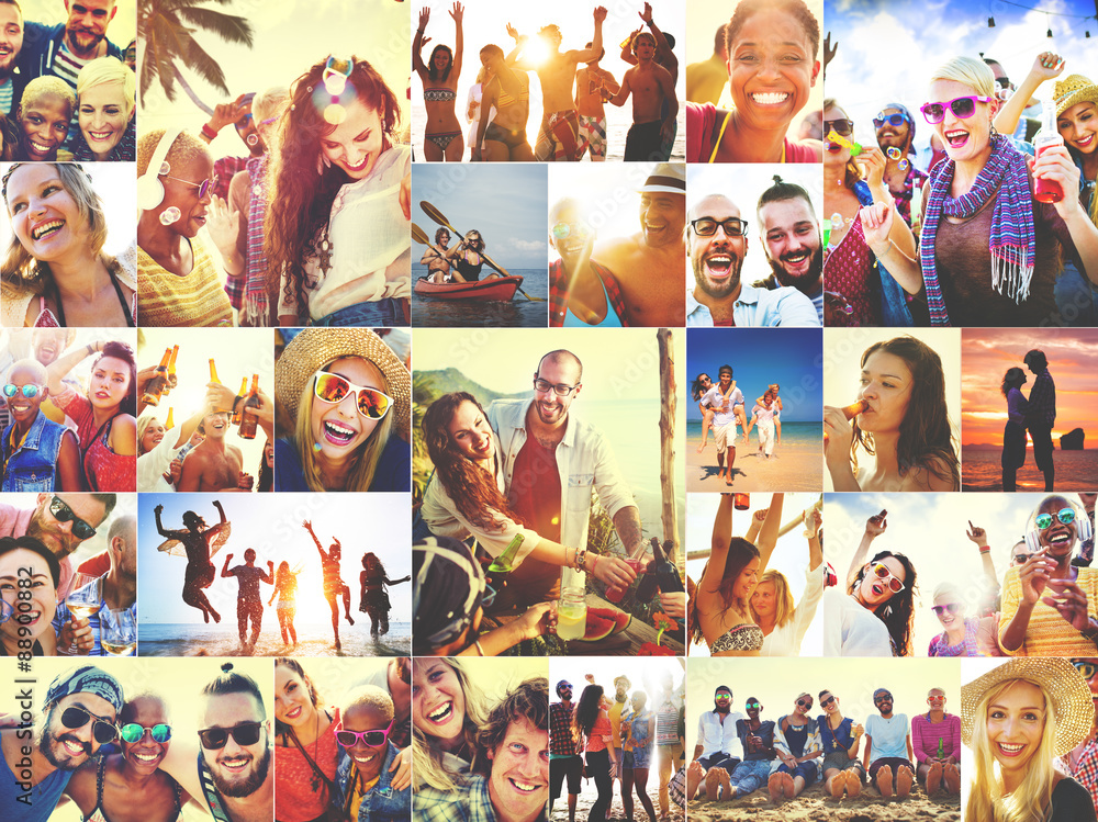 Wall mural Collage Diverse Faces Summer Beach People Concept - Wall murals