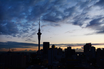 Silhouette of Auckland skyline at sunrise