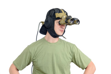 Man with a tank a night vision device on white background