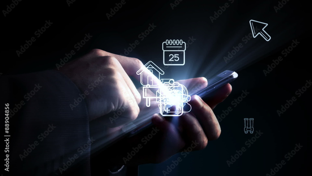 Aufkleber Man using smartphone with holographic apps