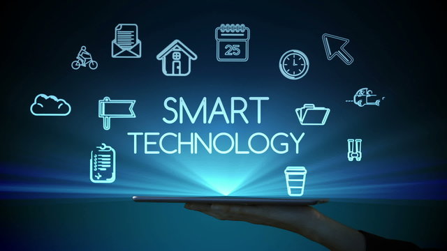 Woman using tablet with holographic apps