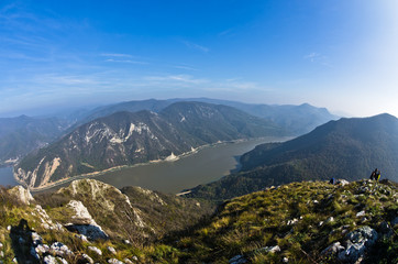 Naklejka premium Hillsides of Miroc mountain over Danube river at Djerdap gorge