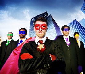 Superhero Business People Strength Cityscape Cloudscape Concept