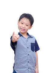 Asian boy showing his pinkie over white