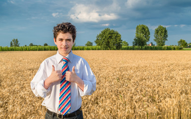 Handsome boy in a golden wheat field