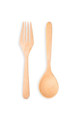 Wooden spoon and fork isolated on white