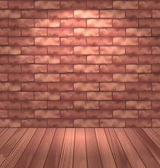 Brown brick wall with wooden floor, empty room interior with lig