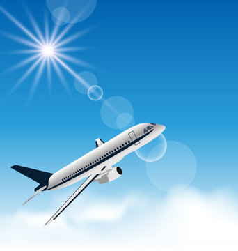 Realistic background with flying airplane