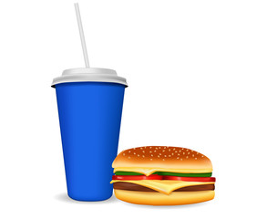 Fast food cheeseburger with a drink