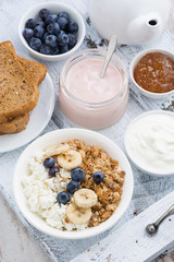cottage cheese, muesli and fresh fruit for healthy breakfast