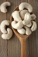 Cashew nuts in wooden spoon