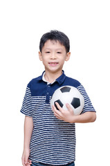 Asian boy holding ball over white