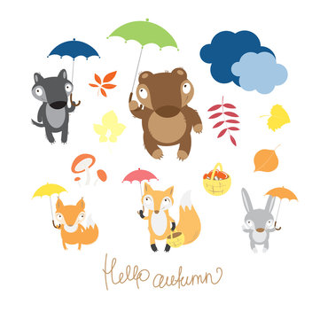 Vector autumn set with cute cartoon forest animals, a bear, a hare, a fox, a wolf and a squirrel. Autumn leaves and rainy weather. Forest animals hide under umbrellas.