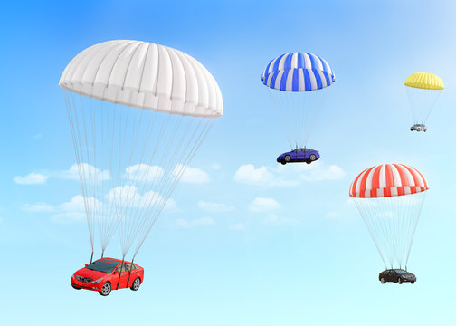 Concept of leasing. Fast delivery car. Cars falling on the parac
