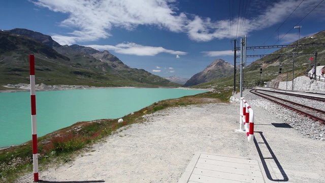 On the railway station in Alpine landscape, Ospizio Bernina, Switzerland