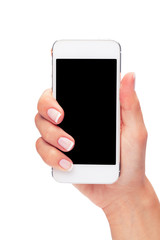 Hand holding White Smartphone with blank screen on white backgro