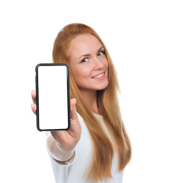 Young woman show display of mobile cell phone with blank screen