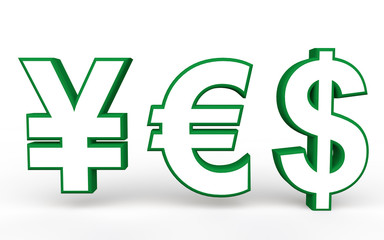 3d yen euro and dollar symbols making yes