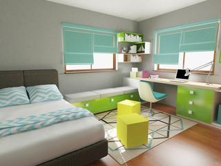 Modern colorful children bedroom, 3d render