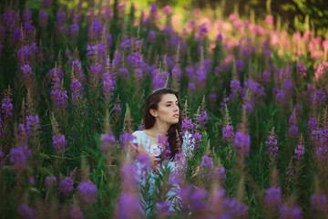 brunette blond hair girl in lavender meadow